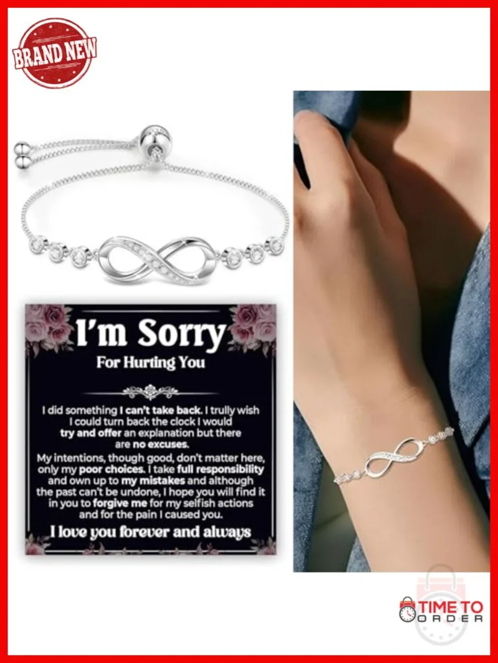 Apology Gifts for Her - Sorry Bracelet with Infinity Charm, White Gold Plated